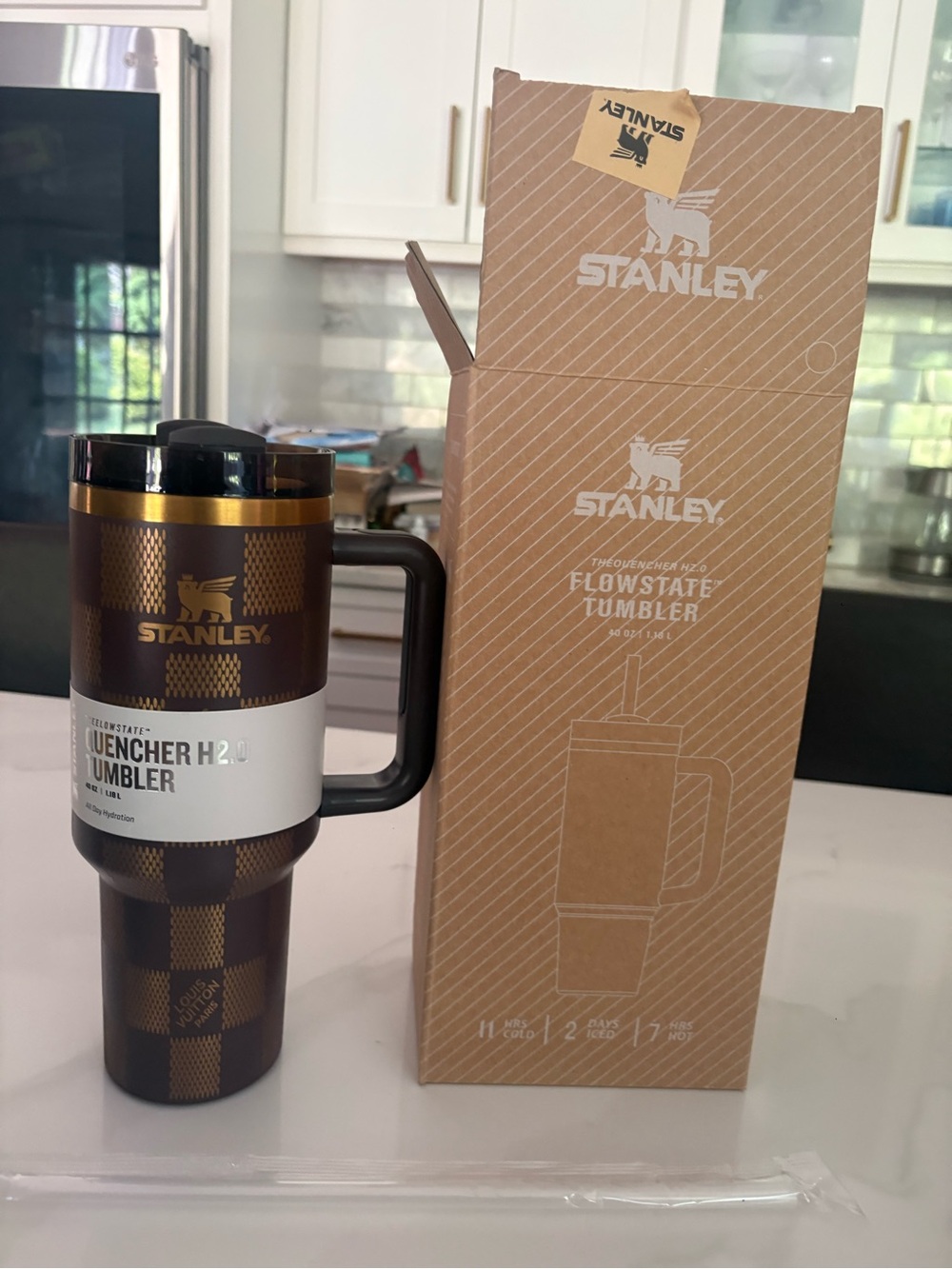 Stanley Brown and Gold Louis Vuitton Checkered Quencher H2.0 Tumbler with Handle
